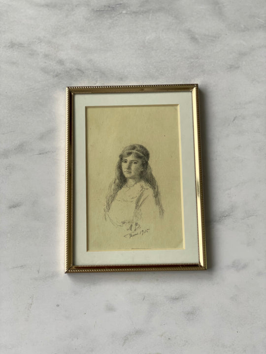 antique French framed graphite portrait sketches, set of two