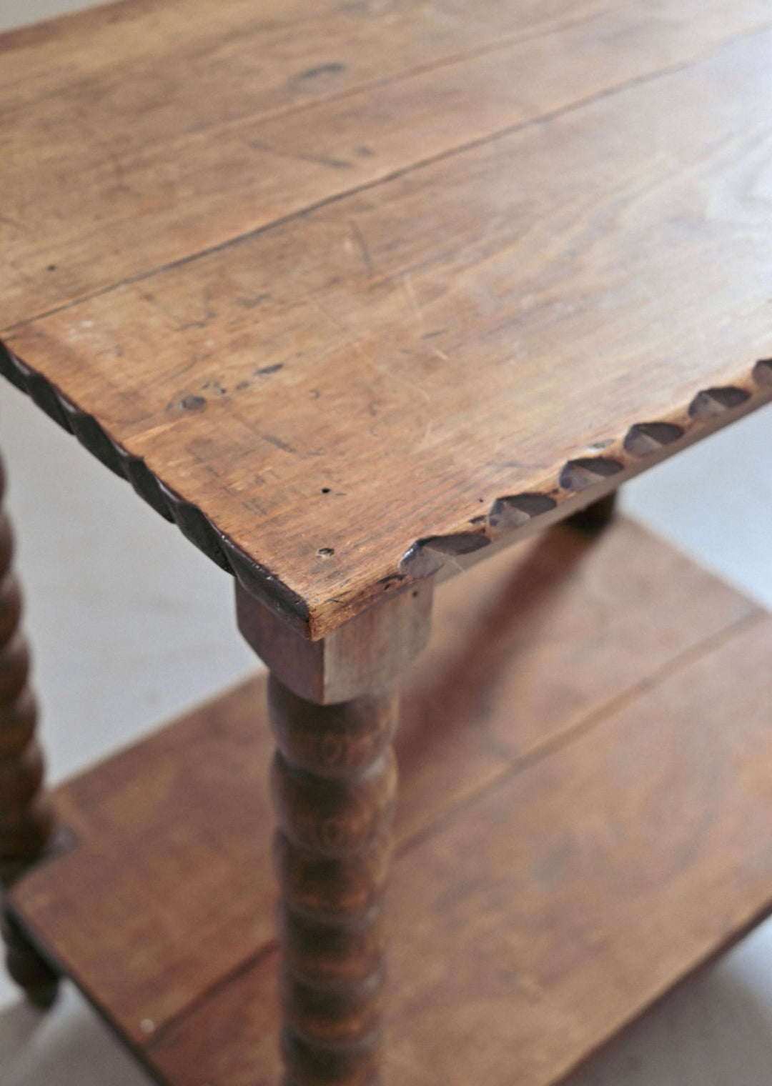antique French side table with hand turned solomonic legs
