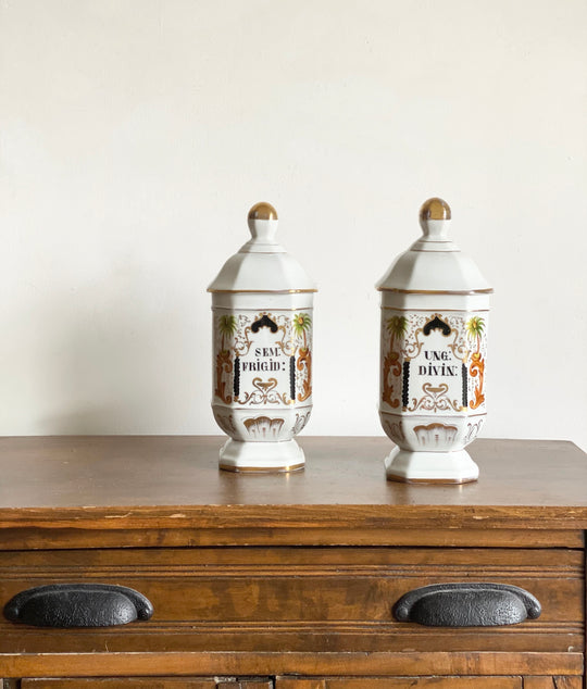 pair of hand painted vintage french porcelain apothecary jars