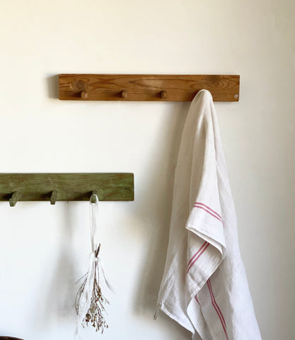 primitive carved wood coat rack, raw