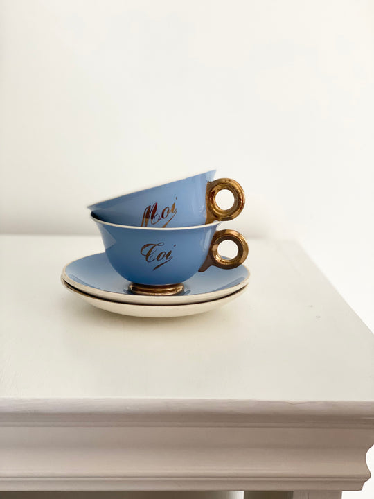 antique french "toi et moi" gold and cerulean teacups and saucers