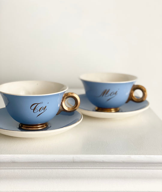 antique french "toi et moi" gold and cerulean teacups and saucers