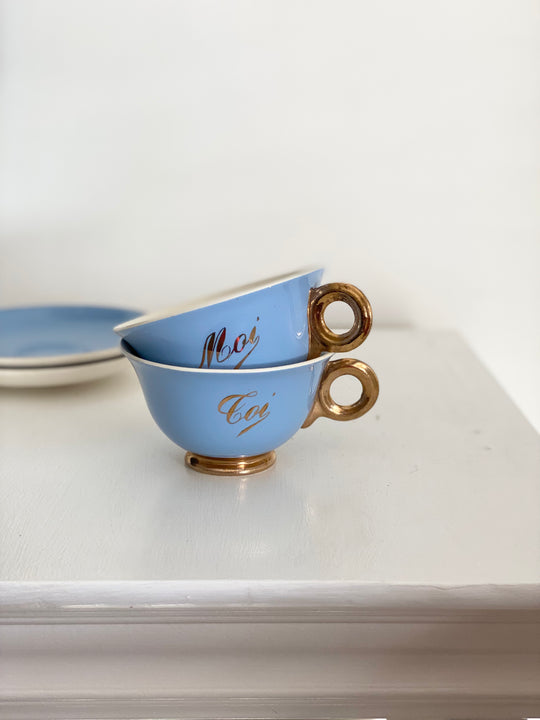 antique french "toi et moi" gold and cerulean teacups and saucers