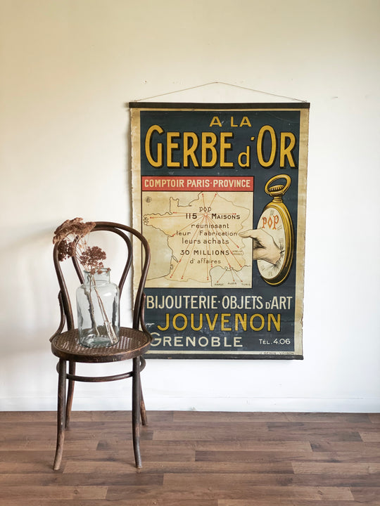 antique French zinc-backed advertising poster, “A La Gerbe d’Or”