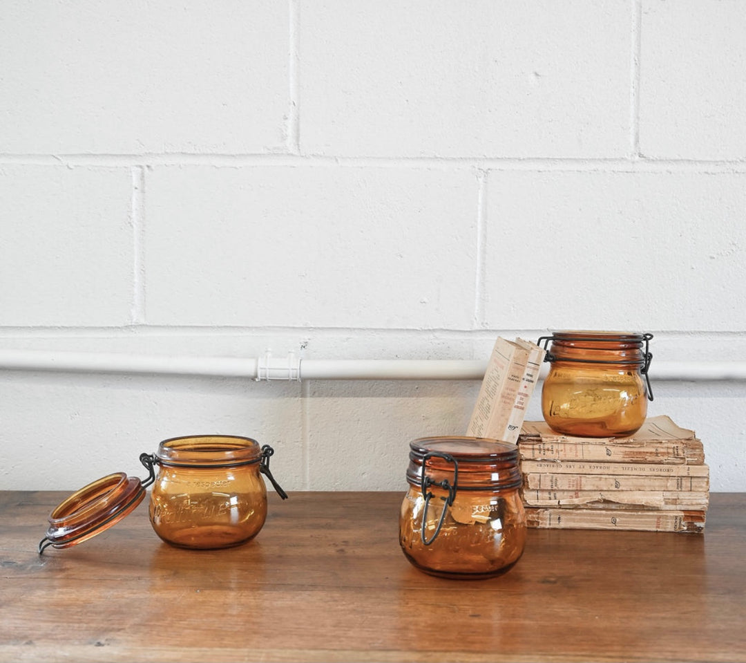 set of 3 vintage French amber canning jars, small