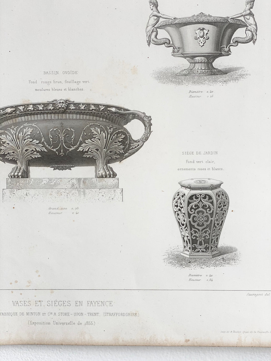 antique design engraving, “vases et siège en fayence”