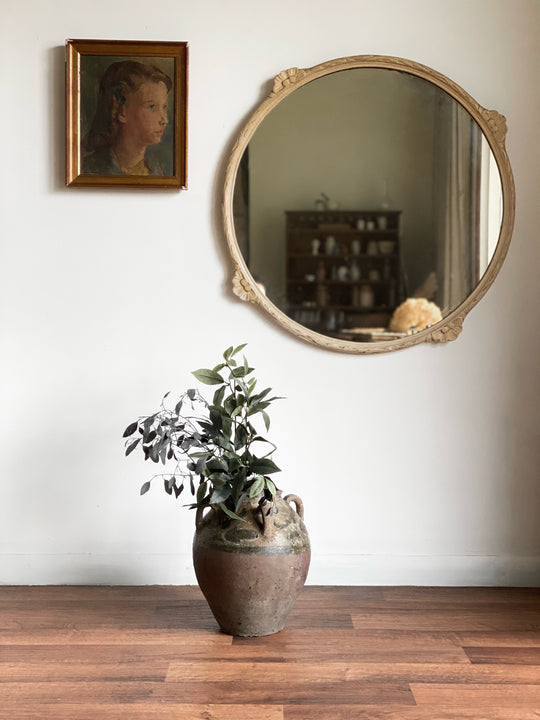 vintage XL round carved wood mirror