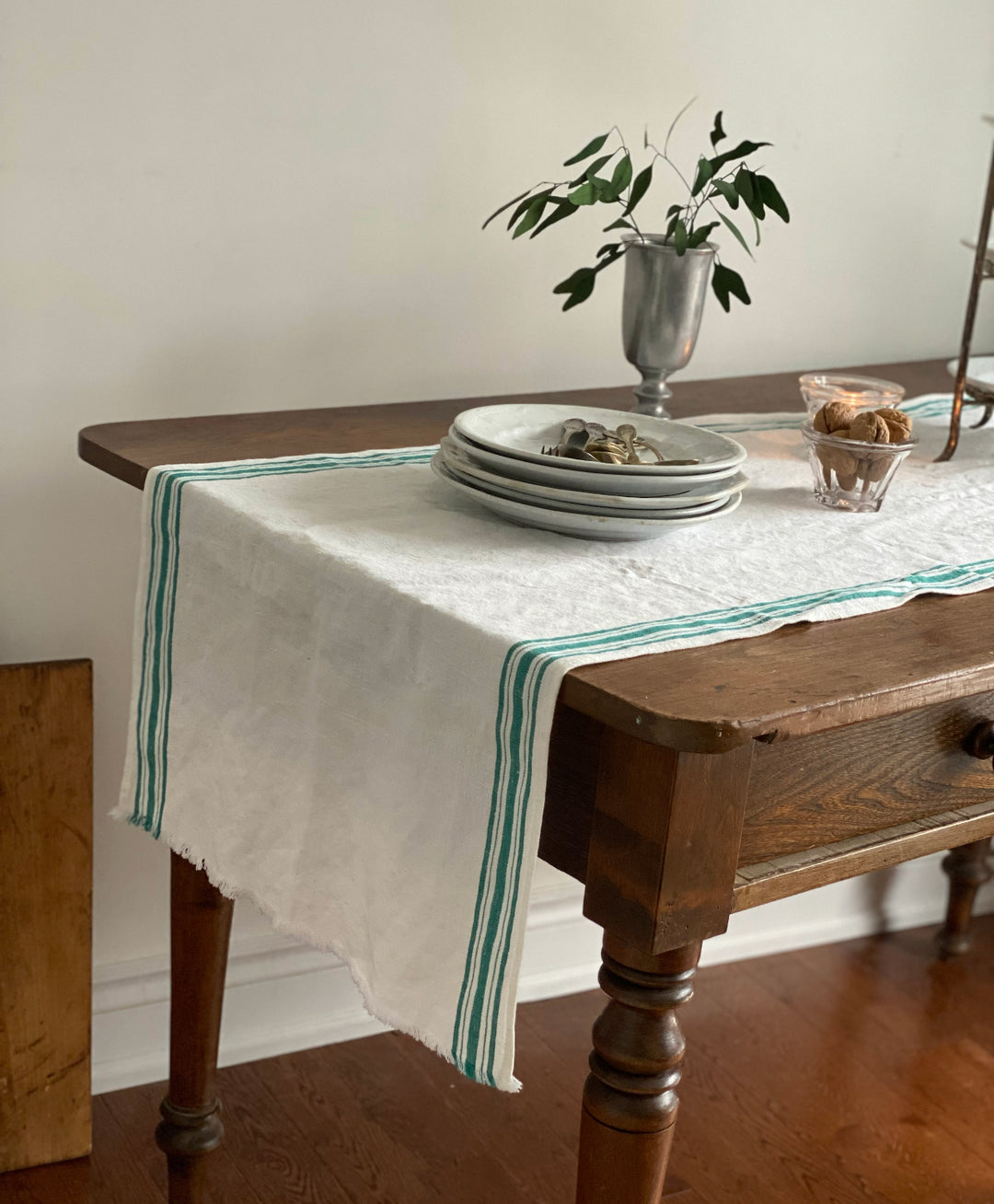 vintage French striped linen raw edge table runner