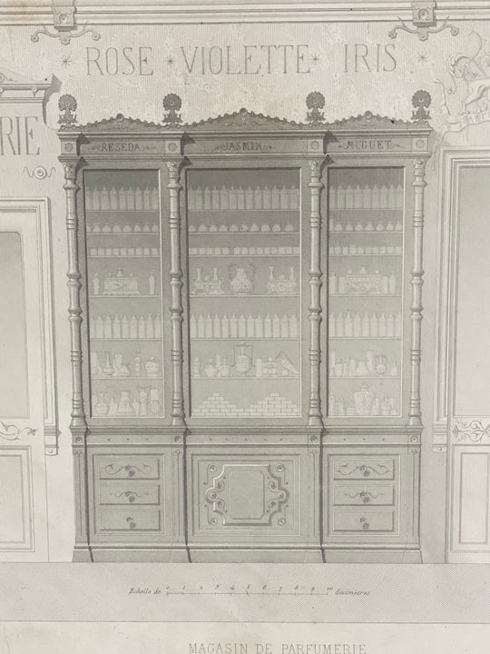 antique French architectural engraving, “magasin de parfumerie”