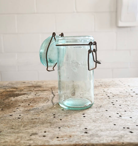 Vintage French green canning jar, “L’Ideale”