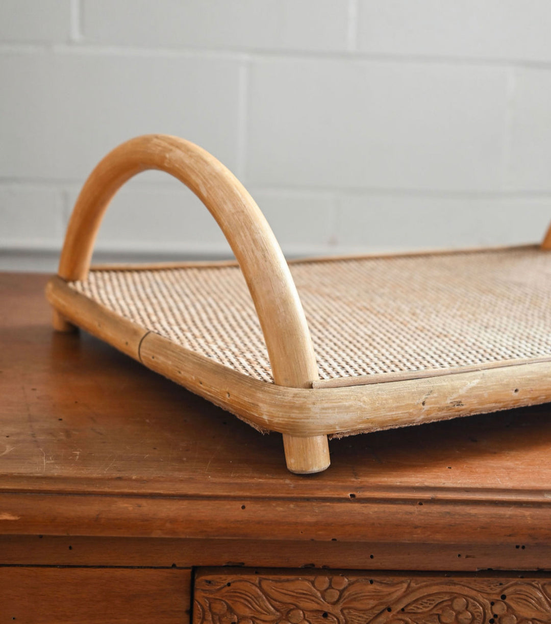 vintage French rattan serving tray