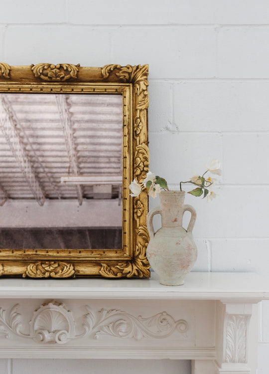 vintage french gilt wood mirror with pink glass