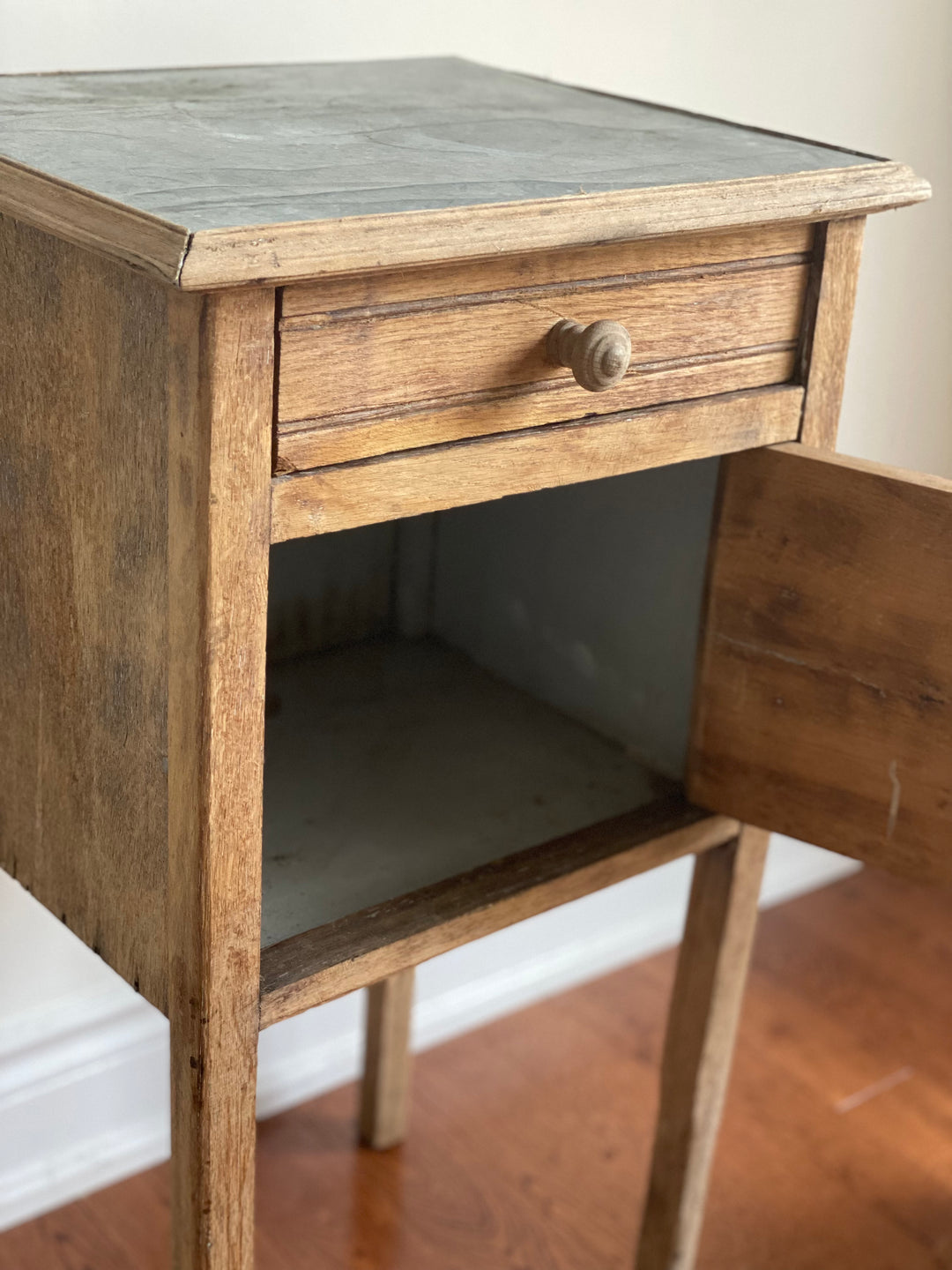 vintage french wood night stand with tin top