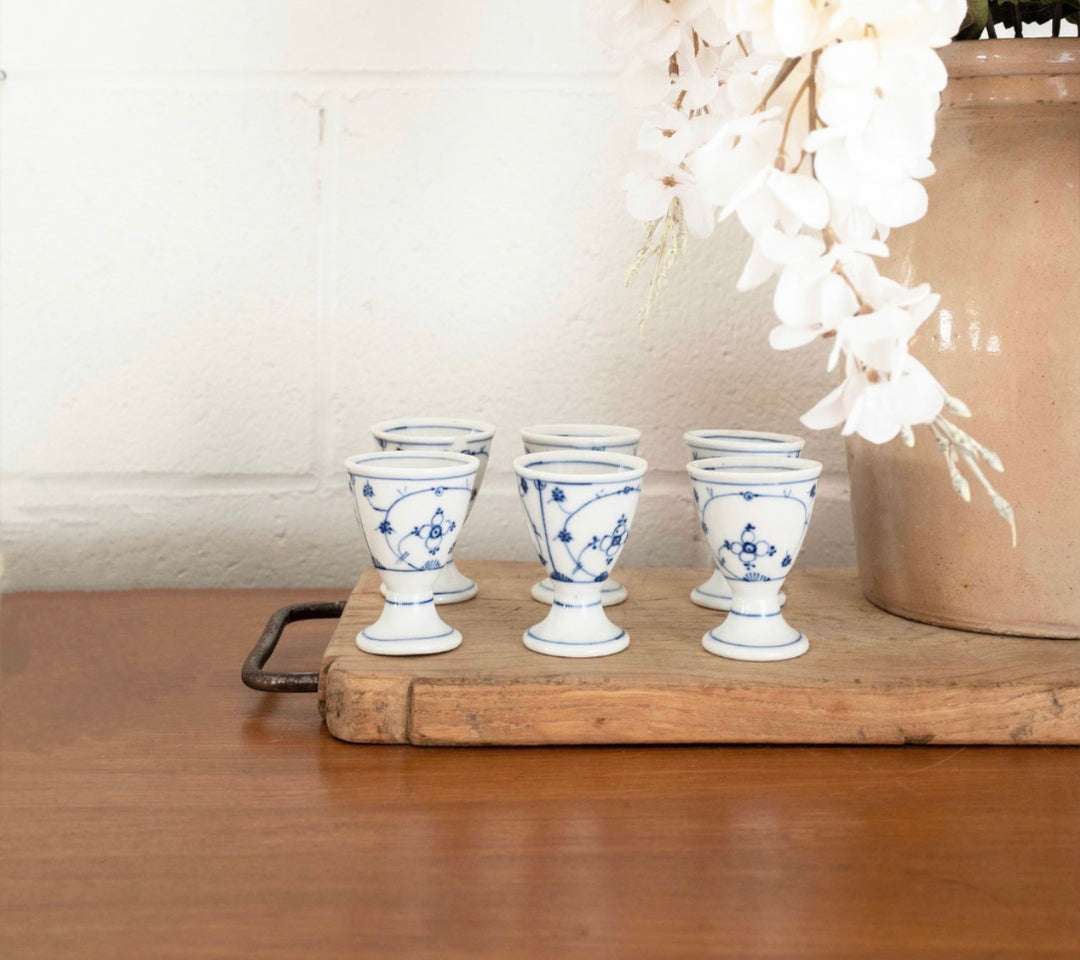 vintage bing & grondahl blue & white egg cups, set of 6