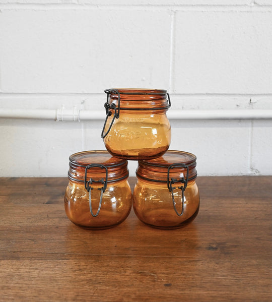 set of 3 vintage French amber canning jars, small