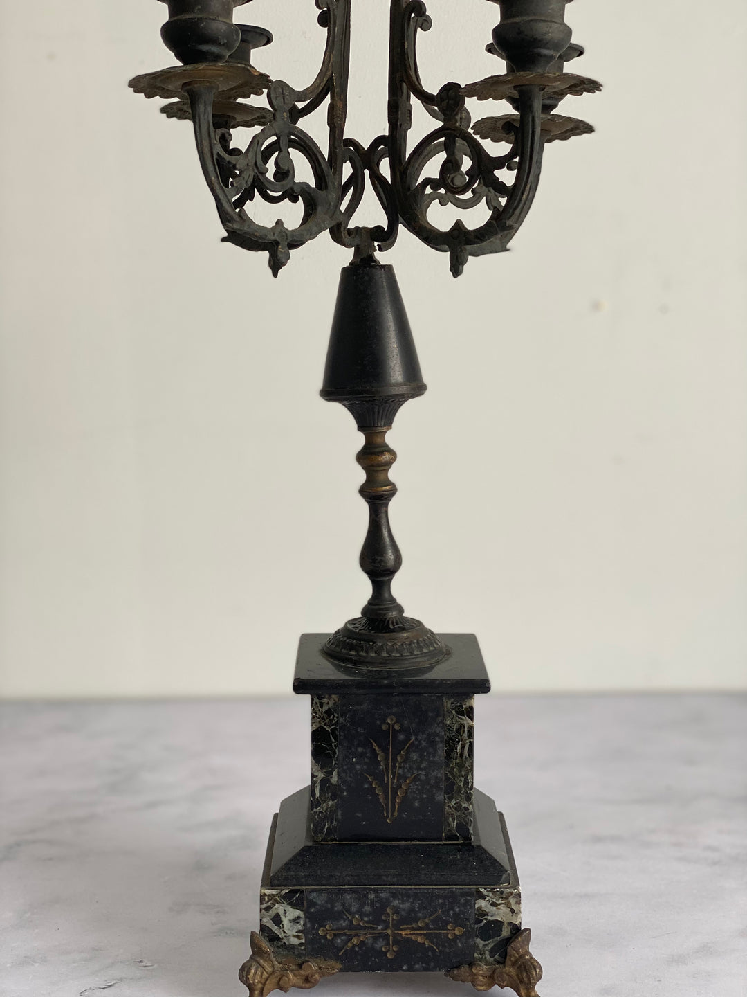 antique French marble and cast iron Napoleon III fireplace candelabra