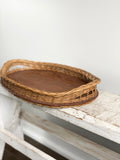vintage wood and wicker tray
