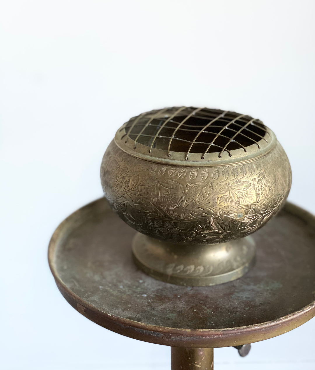 vintage etched brass footed bowl with flower frog