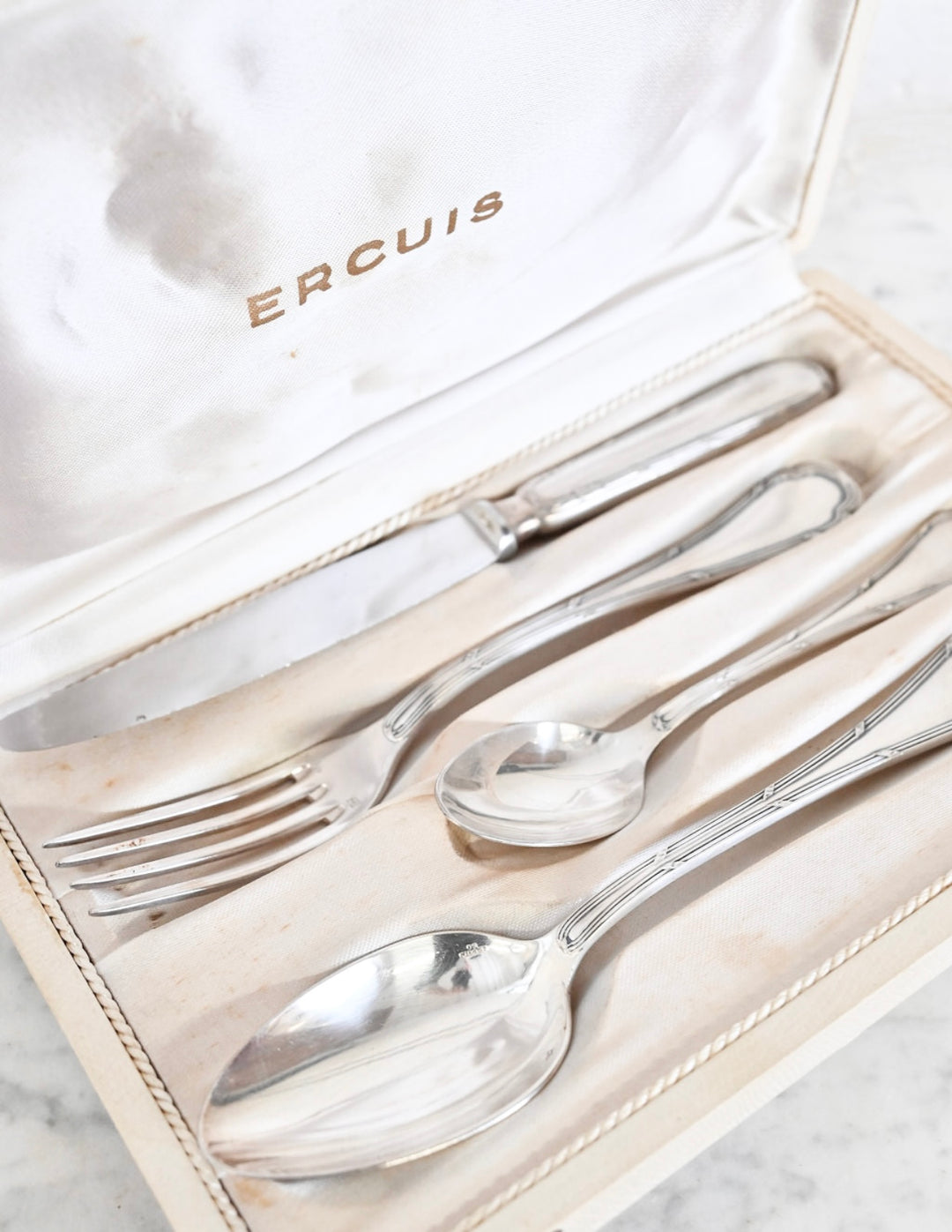 vintage french Ercuis silver flatware, gift box set of four