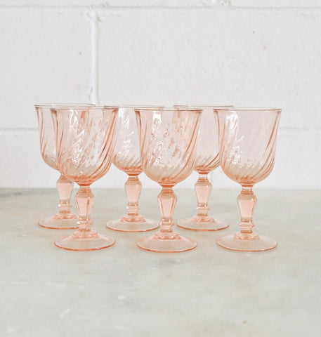 vintage French hand blown pink glass wine goblets, set of 6