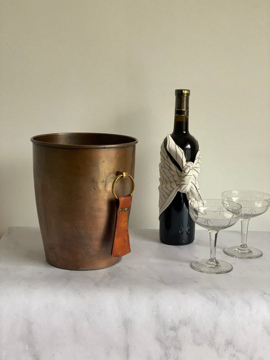 vintage French copper champagne bucket with leather & brass handles