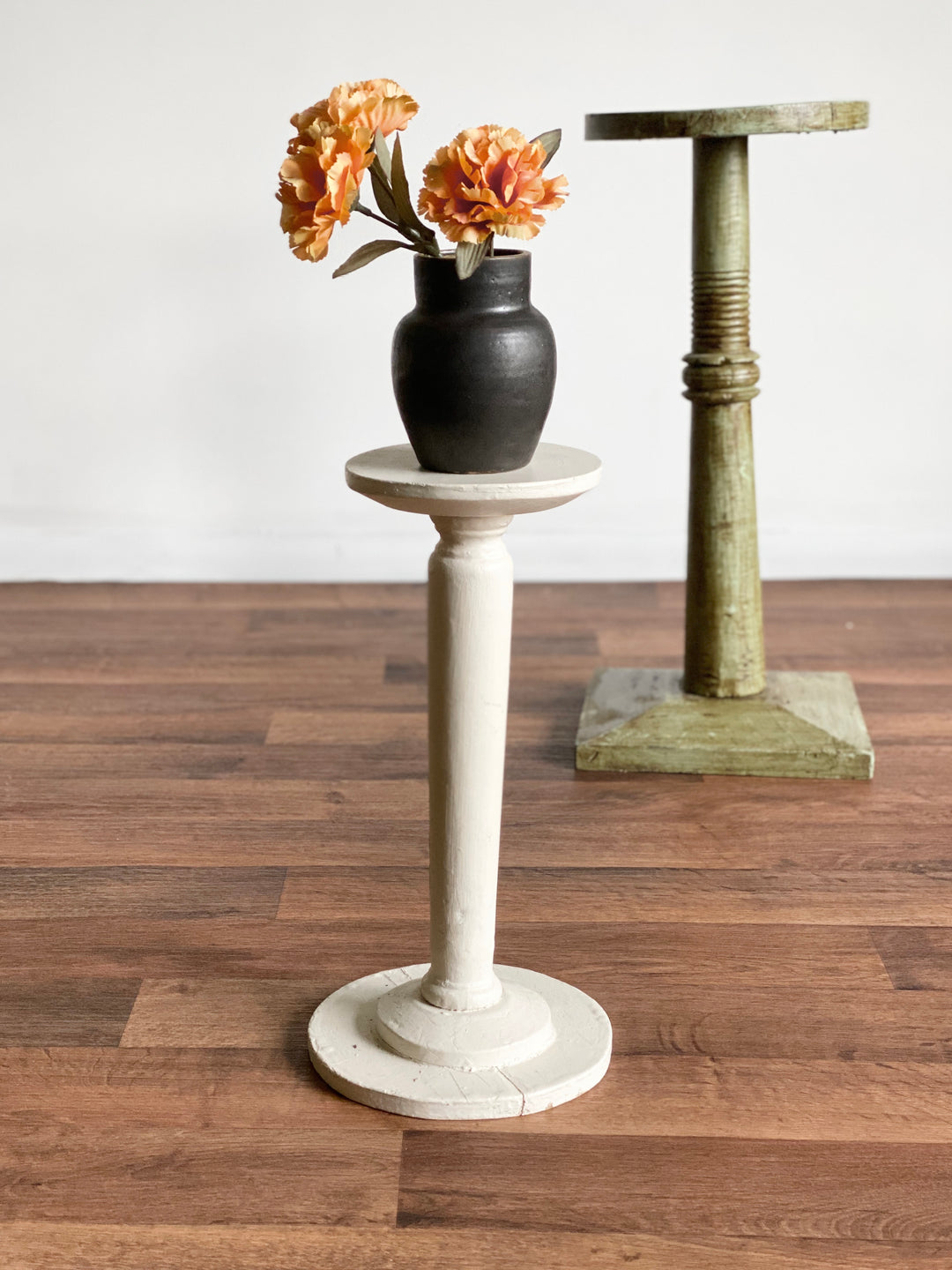 antique wood pedestal, white