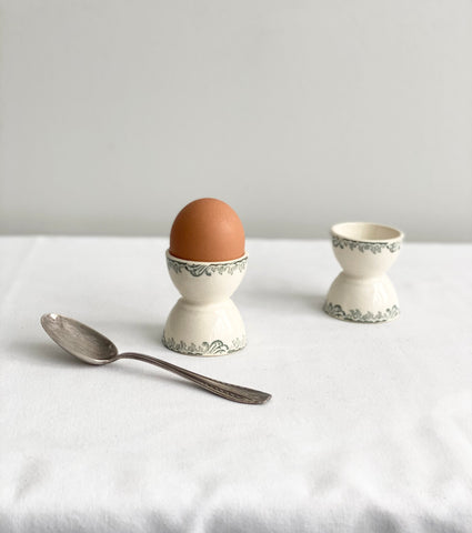 antique French porcelain transferware egg cups, set of two
