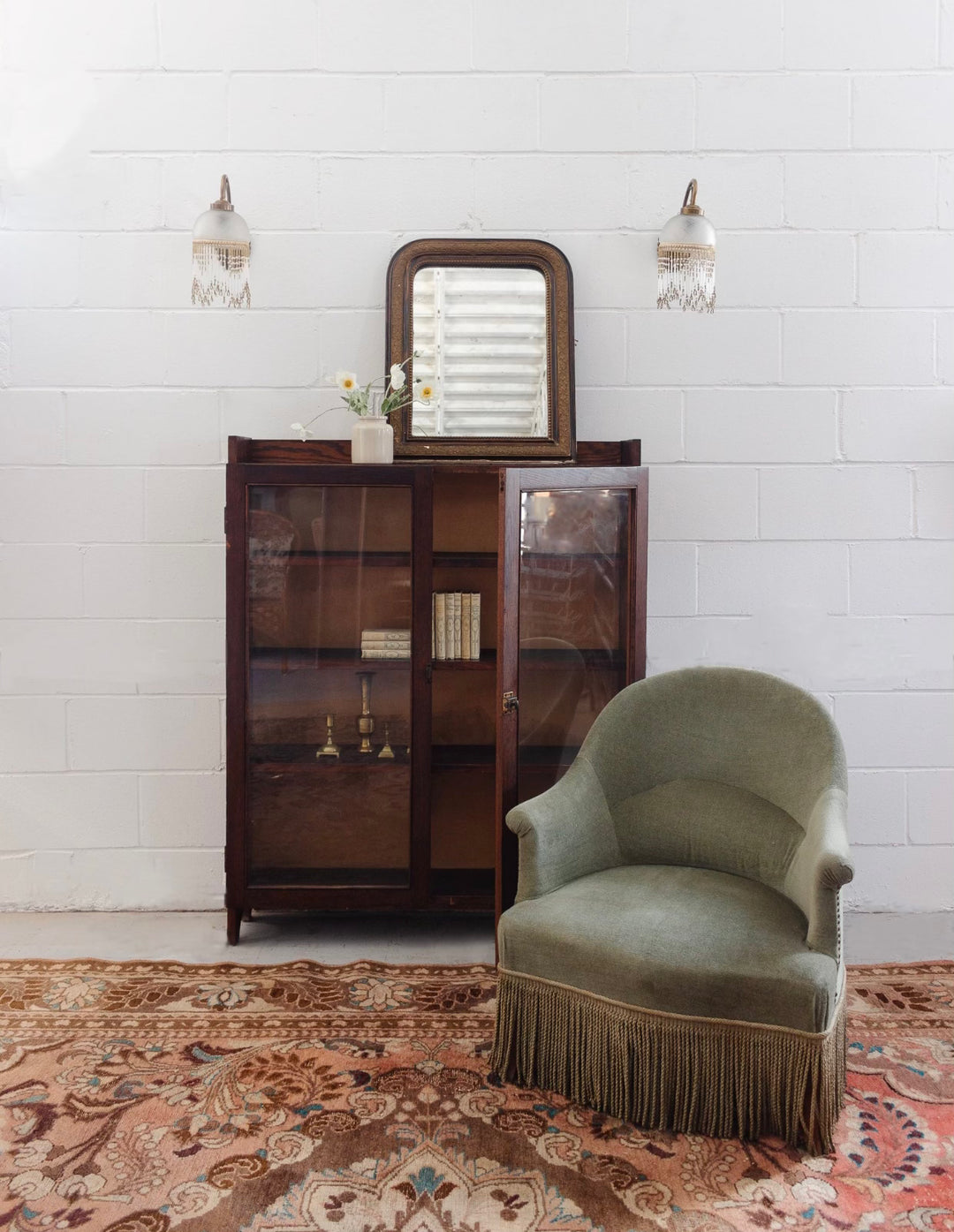 midcentury English oak and glass cabinet