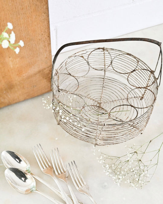 antique french round wire market basket