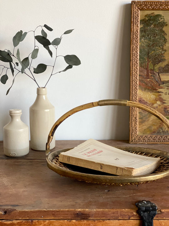 vintage woven basket with brass hardware