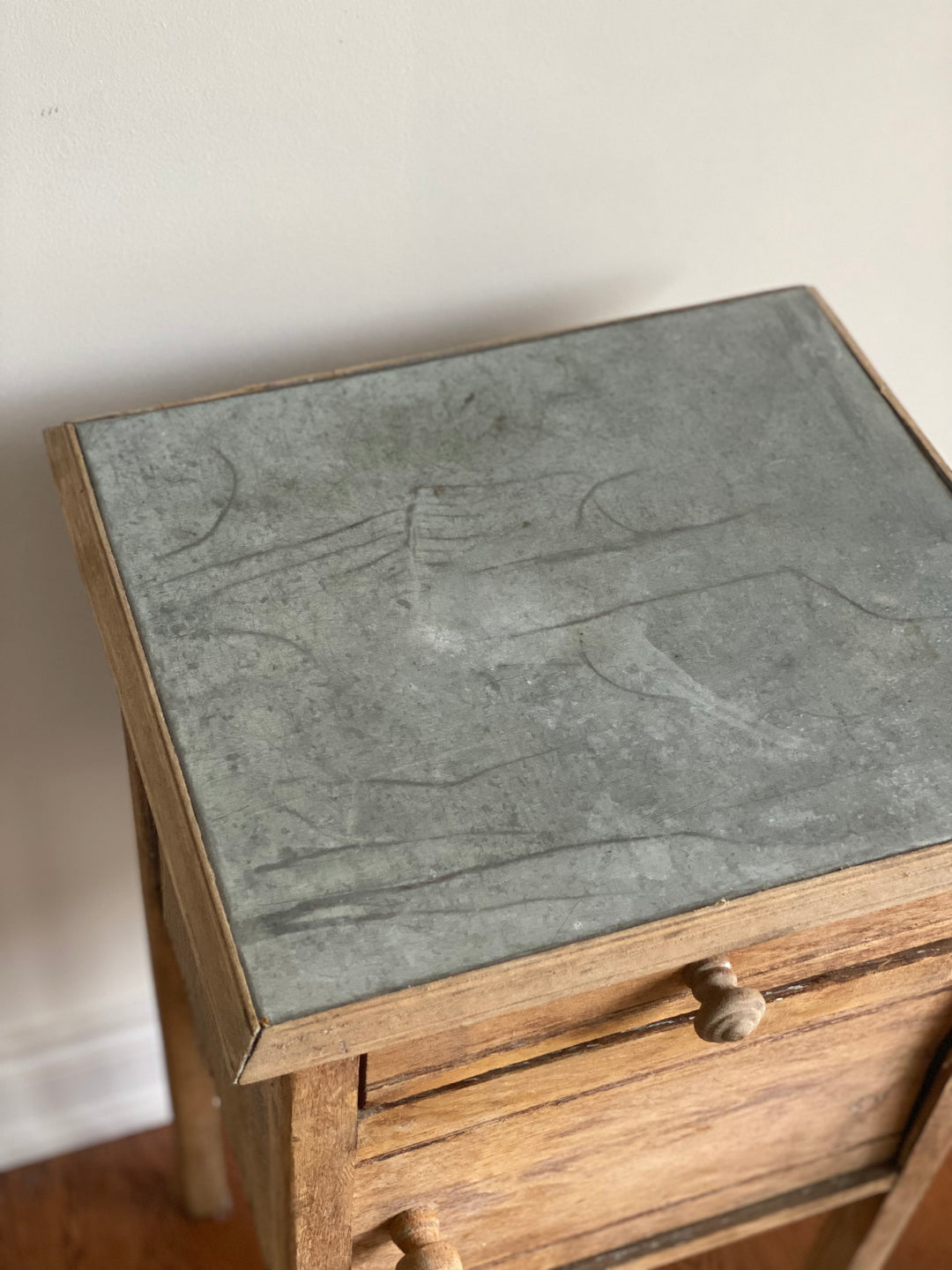 vintage french wood night stand with tin top