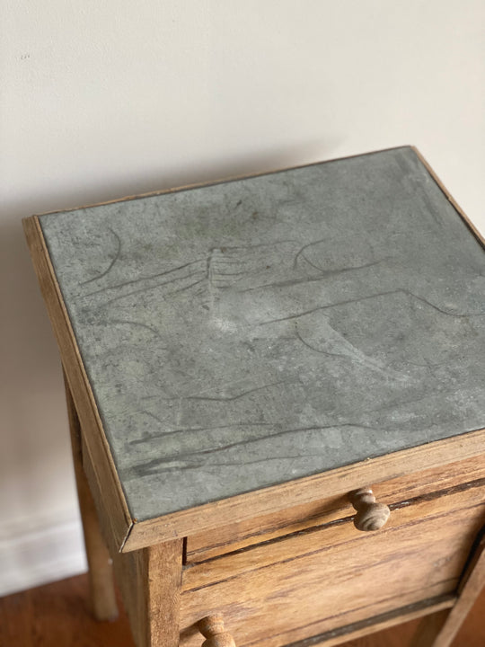 vintage french wood night stand with tin top