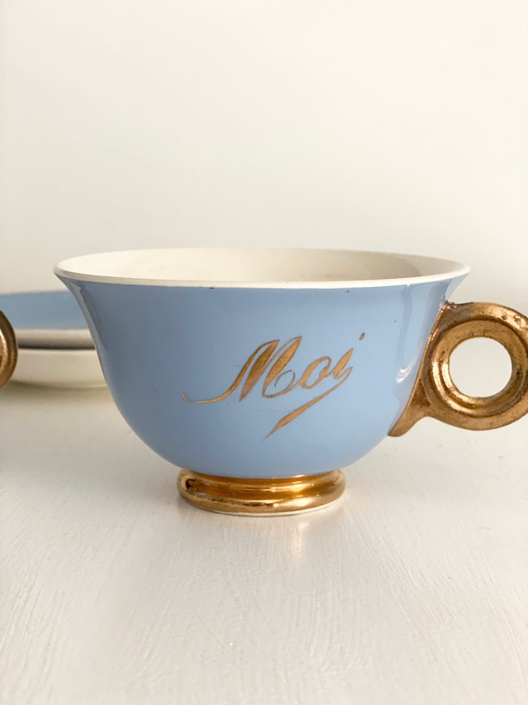 antique french "toi et moi" gold and cerulean teacups and saucers