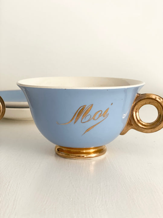 antique french "toi et moi" gold and cerulean teacups and saucers