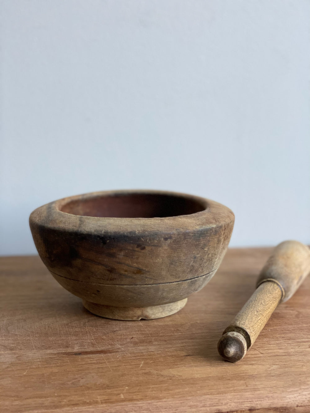 large antique French wood mortar & pestle