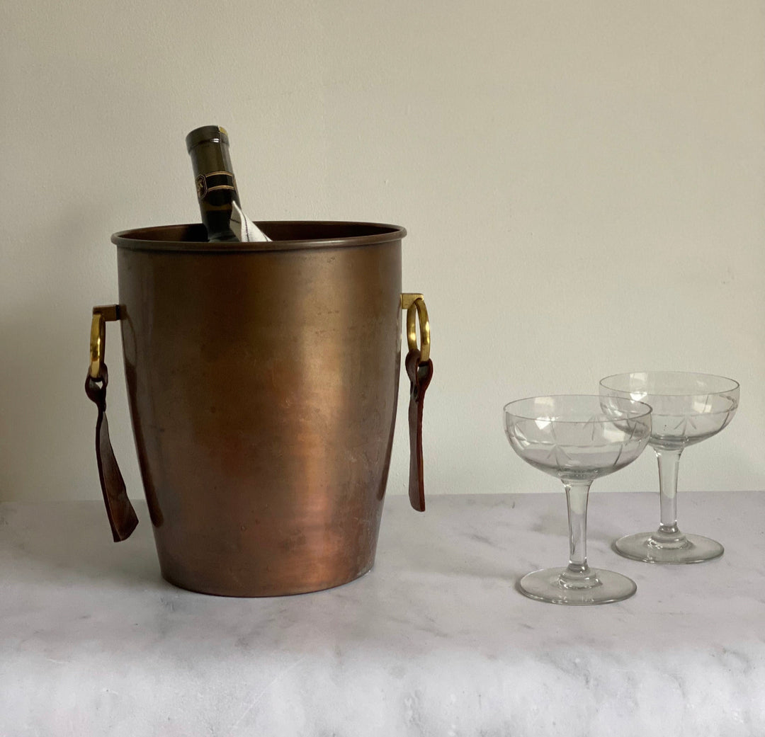 vintage French copper champagne bucket with leather & brass handles