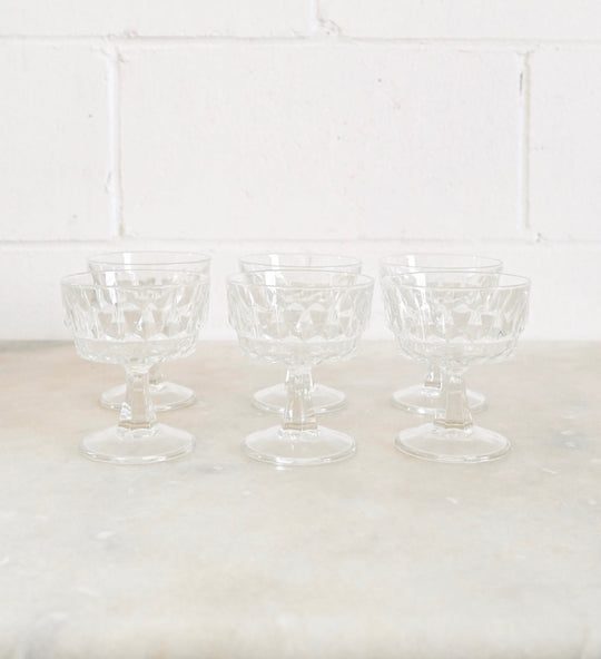 vintage French pressed glass champagne coupes, set of 6