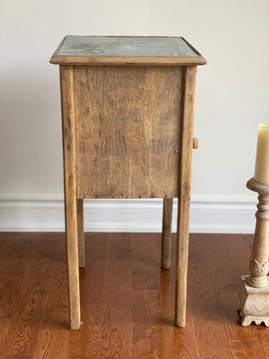 vintage french wood night stand with tin top