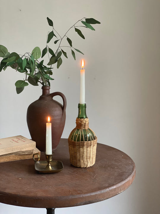 vintage French petite wicker wrapped demijohn