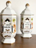 pair of hand painted vintage french porcelain apothecary jars