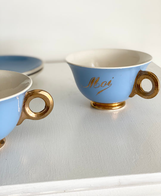 antique french "toi et moi" gold and cerulean teacups and saucers