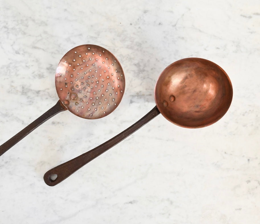 Antique french hand forged copper ladle and strainer set