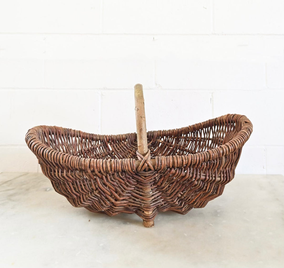 antique French gathering basket with bentwood handle