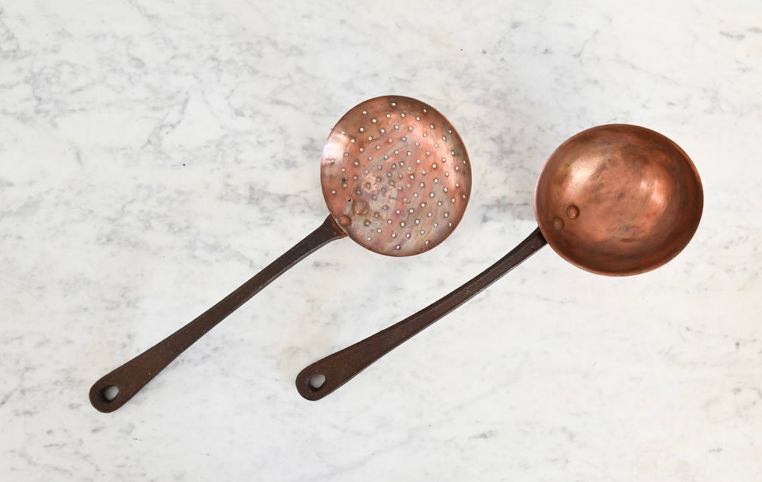 Antique french hand forged copper ladle and strainer set