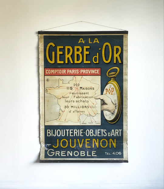 antique French zinc-backed advertising poster, “A La Gerbe d’Or”