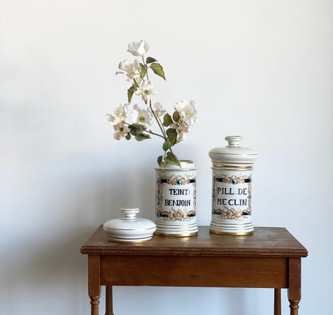 pair of hand painted vintage french porcelain apothecary jars