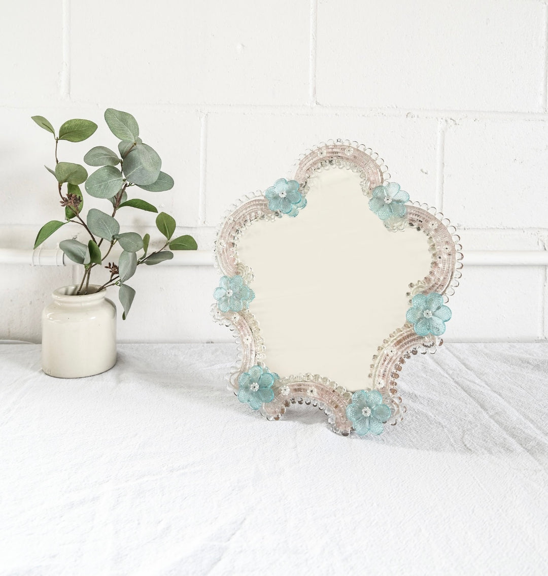 vintage murano glass venetian table top mirror with blue accent flowers
