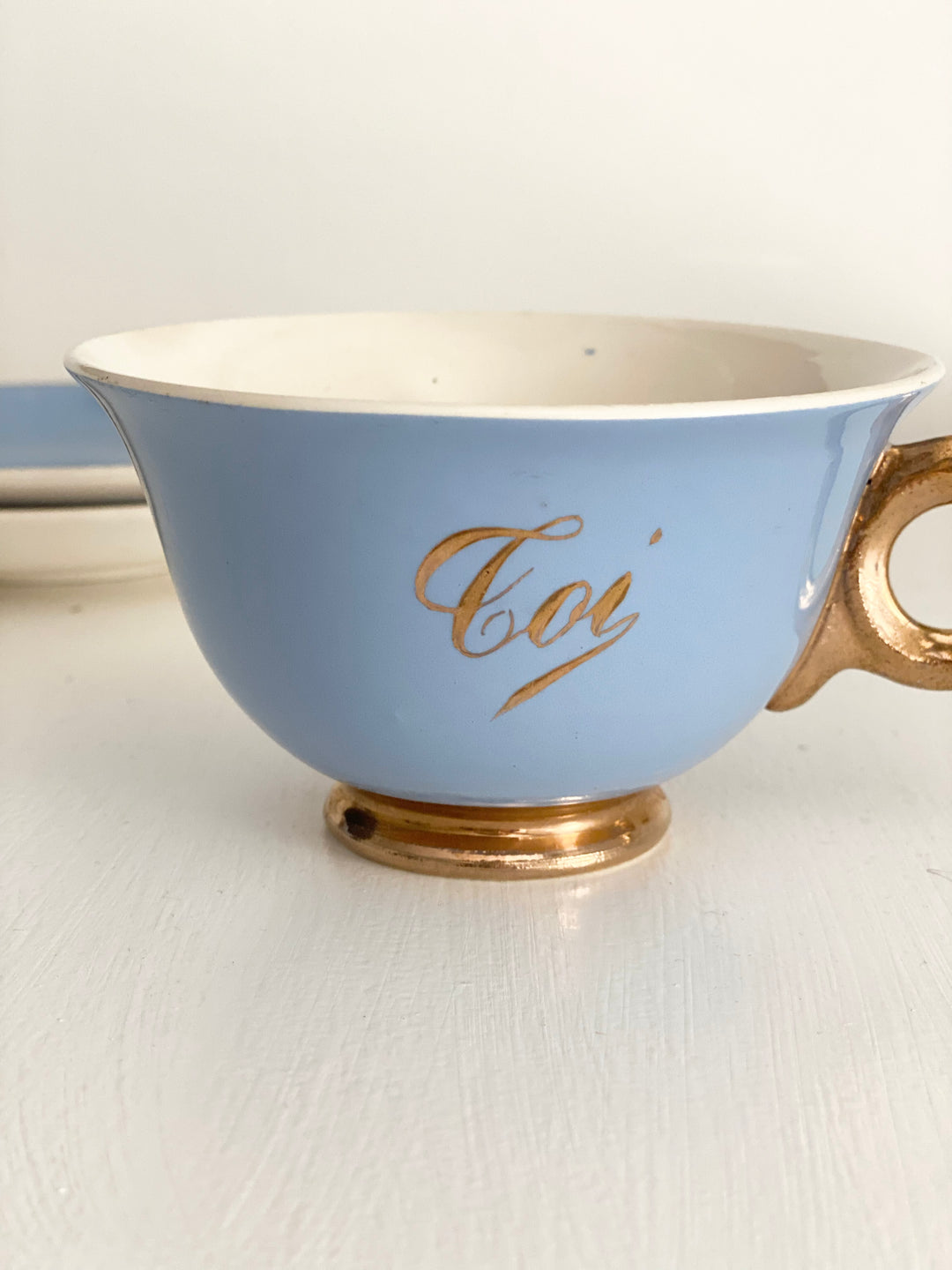 antique french "toi et moi" gold and cerulean teacups and saucers