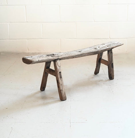 antique french primitive wood bench, small