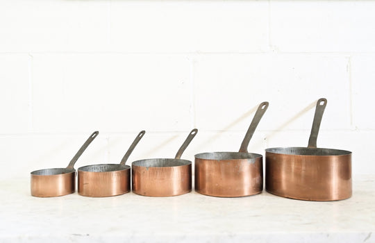 graduated set of 5 vintage french copper pots